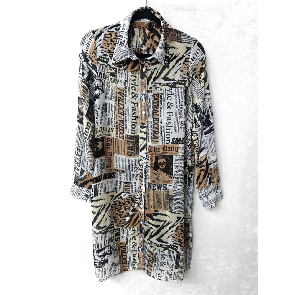 Live 4 Truth Button Down Dress Medium Artsy Newsprint & Tiger Print Eclectic